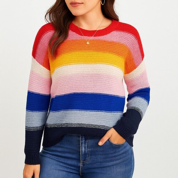 Old Navy Womens L Rainbow Striped Sweater Multicolor Knit Colorful Preppy Casual - Picture 3 of 16
